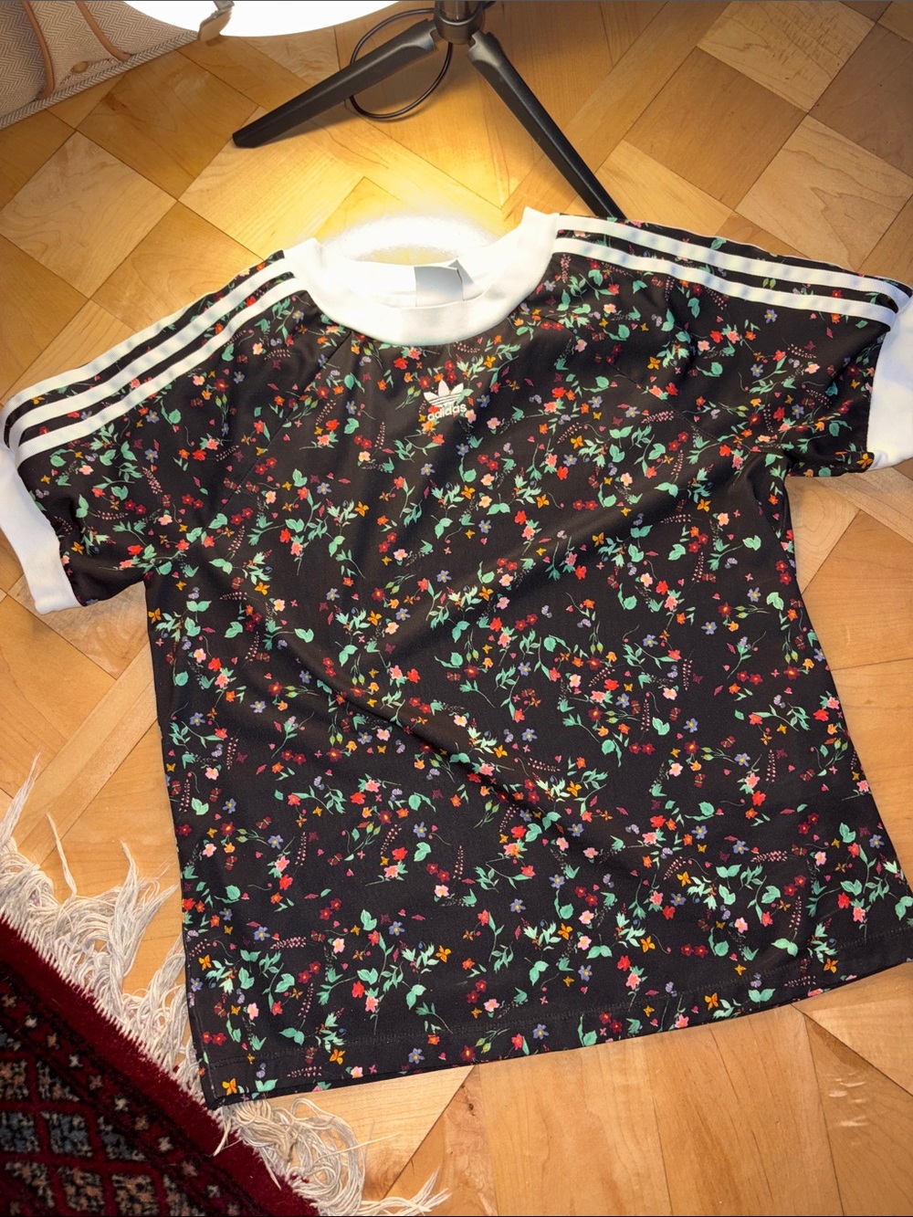adidas Black Floral Short-Sleeve Tee with White Three-Stripes